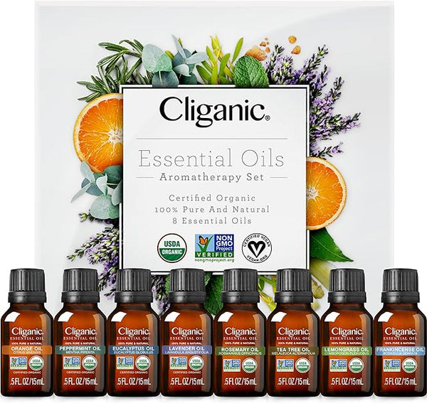 Organic Aromatherapy Set (Top 8 Essential Oils), 15ml