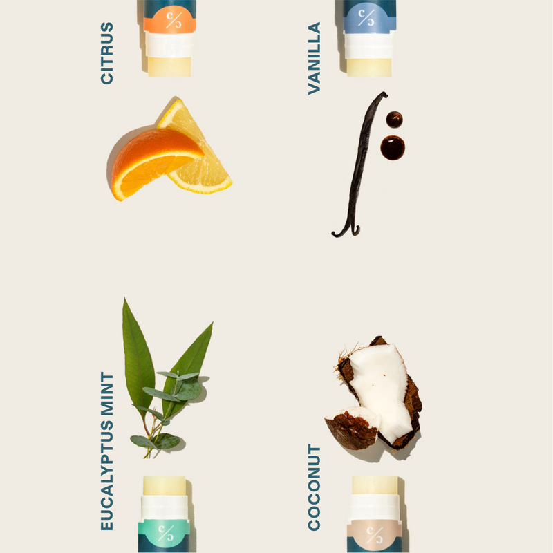 Natural ingredients displayed with lip balms